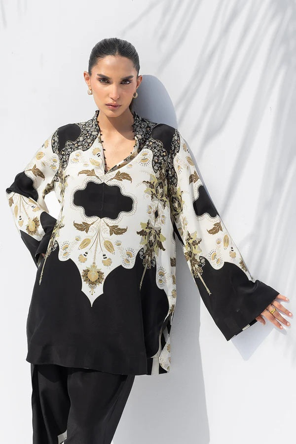 Women's Black Premium Soft Crepe Handwork Detailing On Neck Co-Ord Set