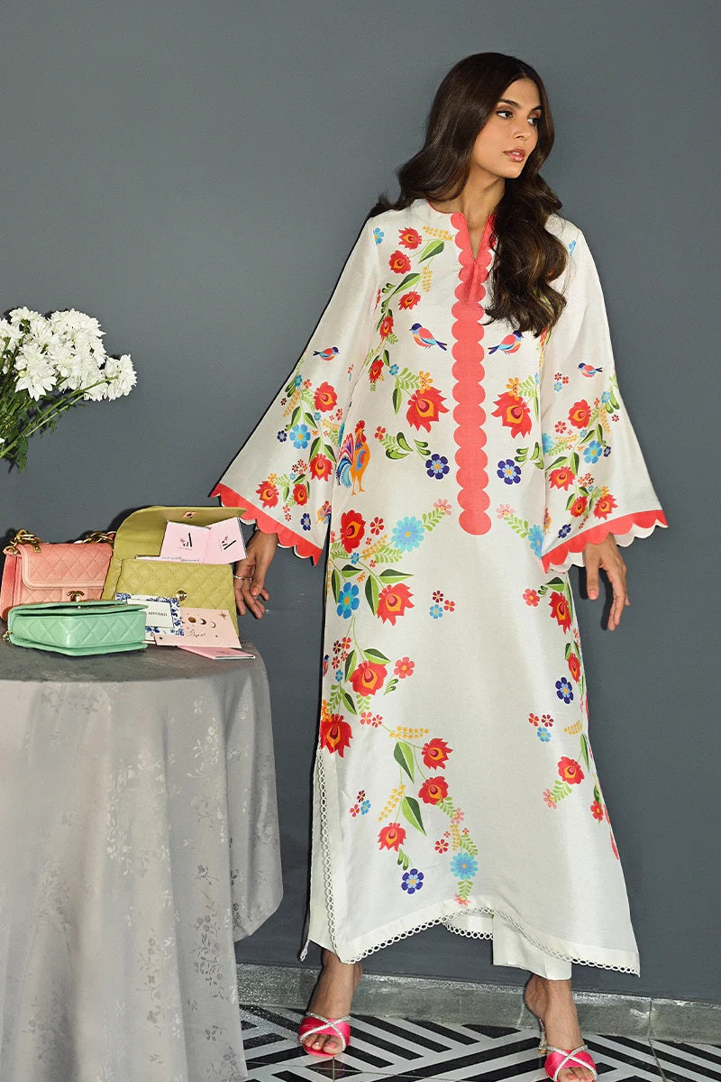 Women's White Cotton Satin Blend Floral Print Kaftan Set