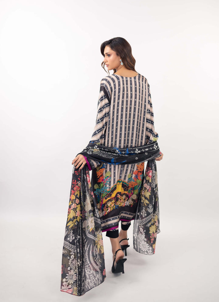 Women's White Monochrome Striped Kurti with Vibrant Floral Hem and Tassel Detail