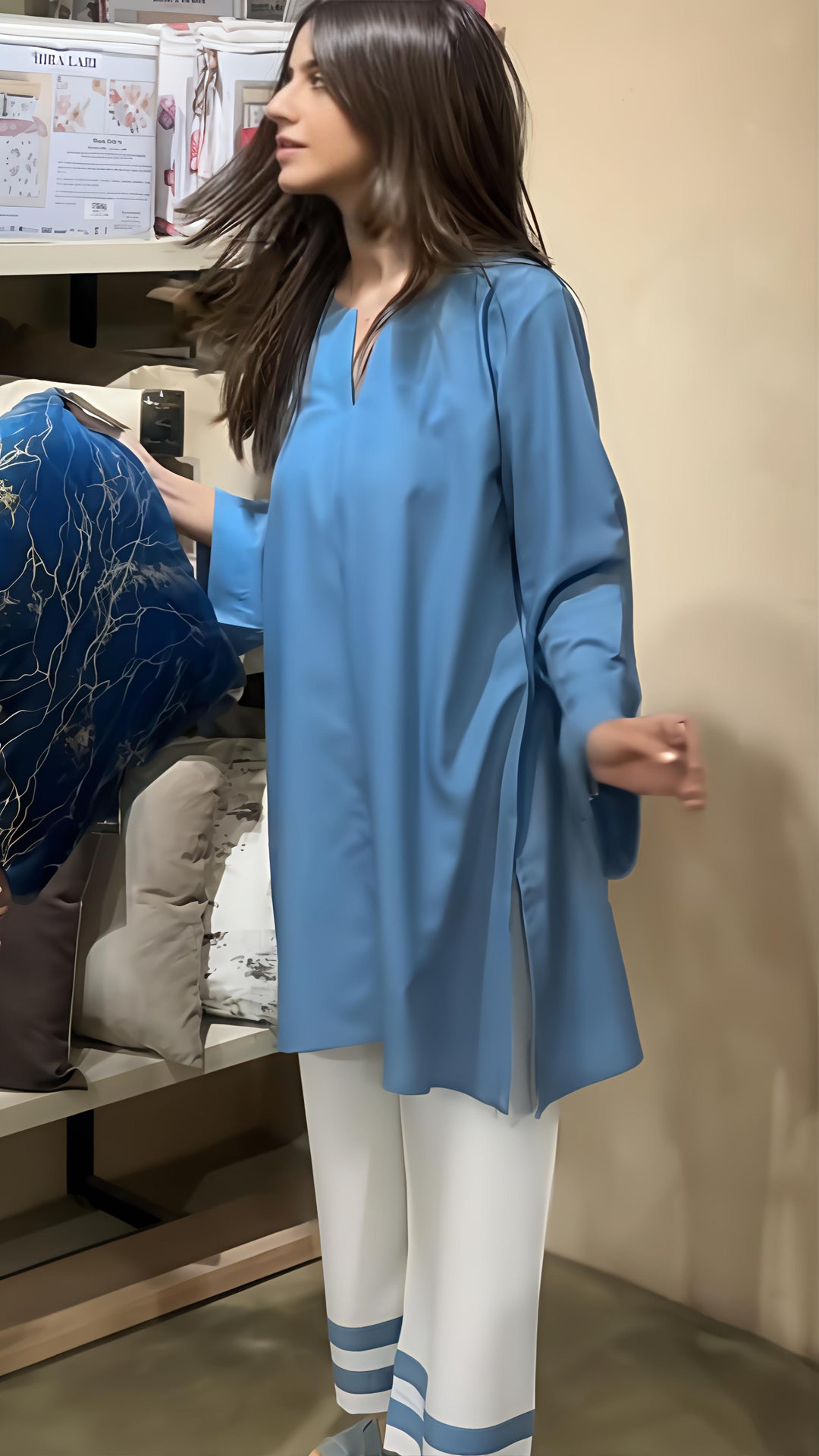 Women's Blue Silk Plain Tunic Set
