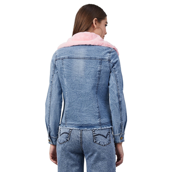 Women's Distressed Denim Jacket with Detachable Pink Fur Collar - StyleStone