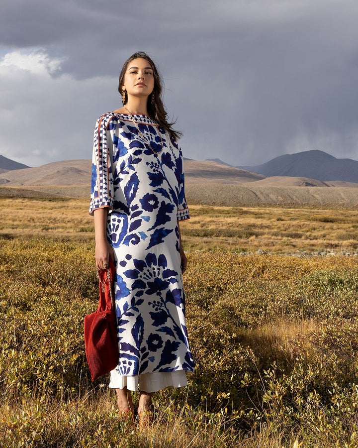 Women's White Premium Matty Floral Print Kaftan Set