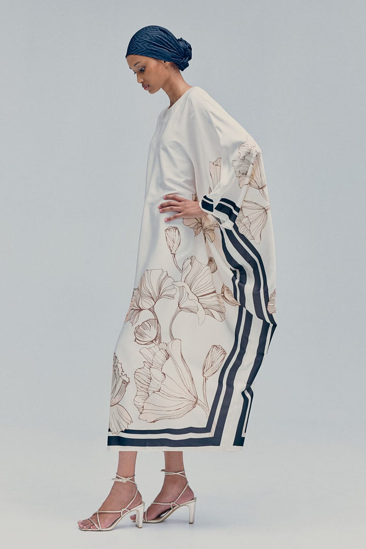 Women's White Heavy Cotton Blend Floral Print Kaftan