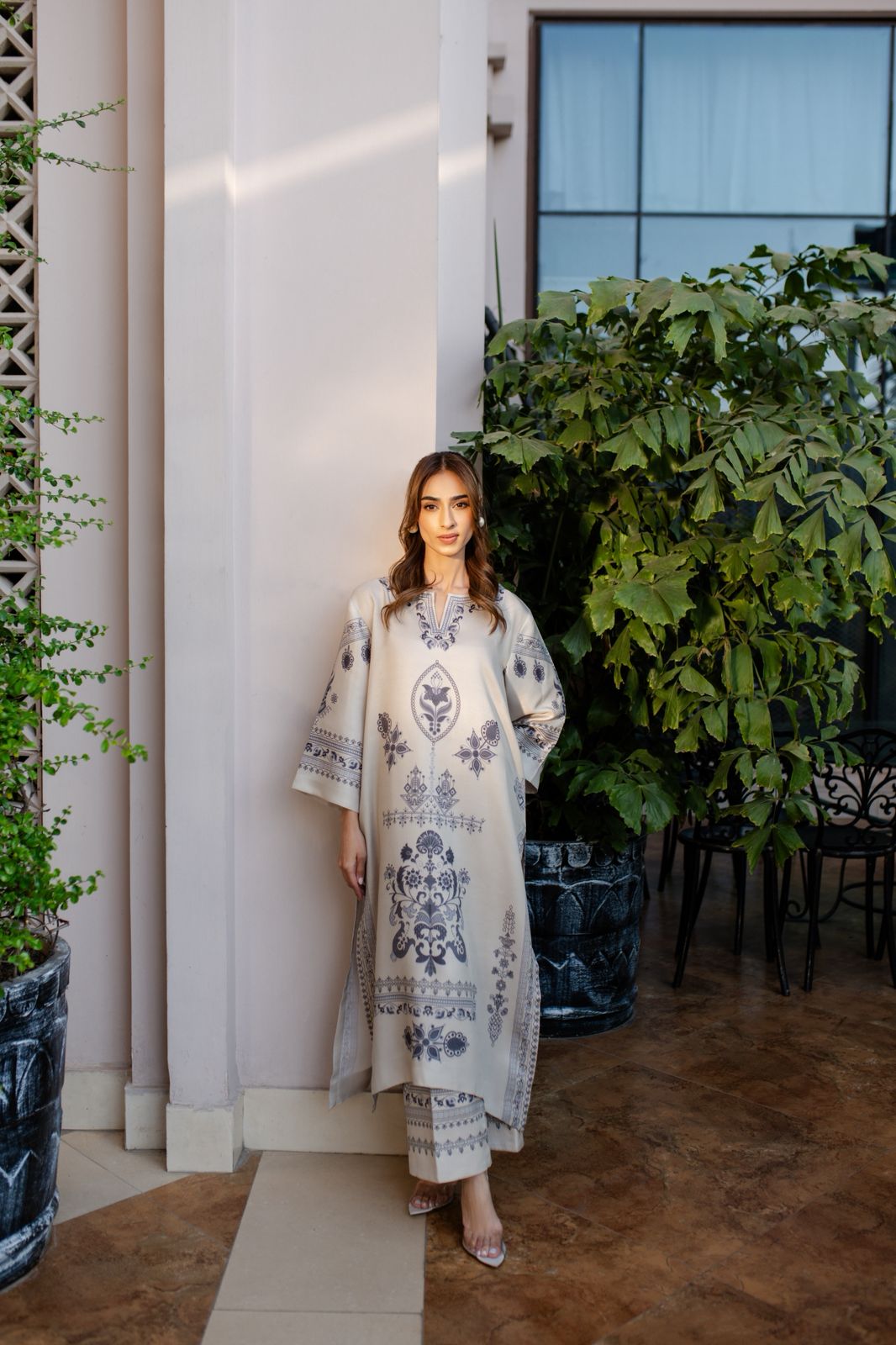 Women's Beige Cotton Satin Blend Floral Print Kaftan Set