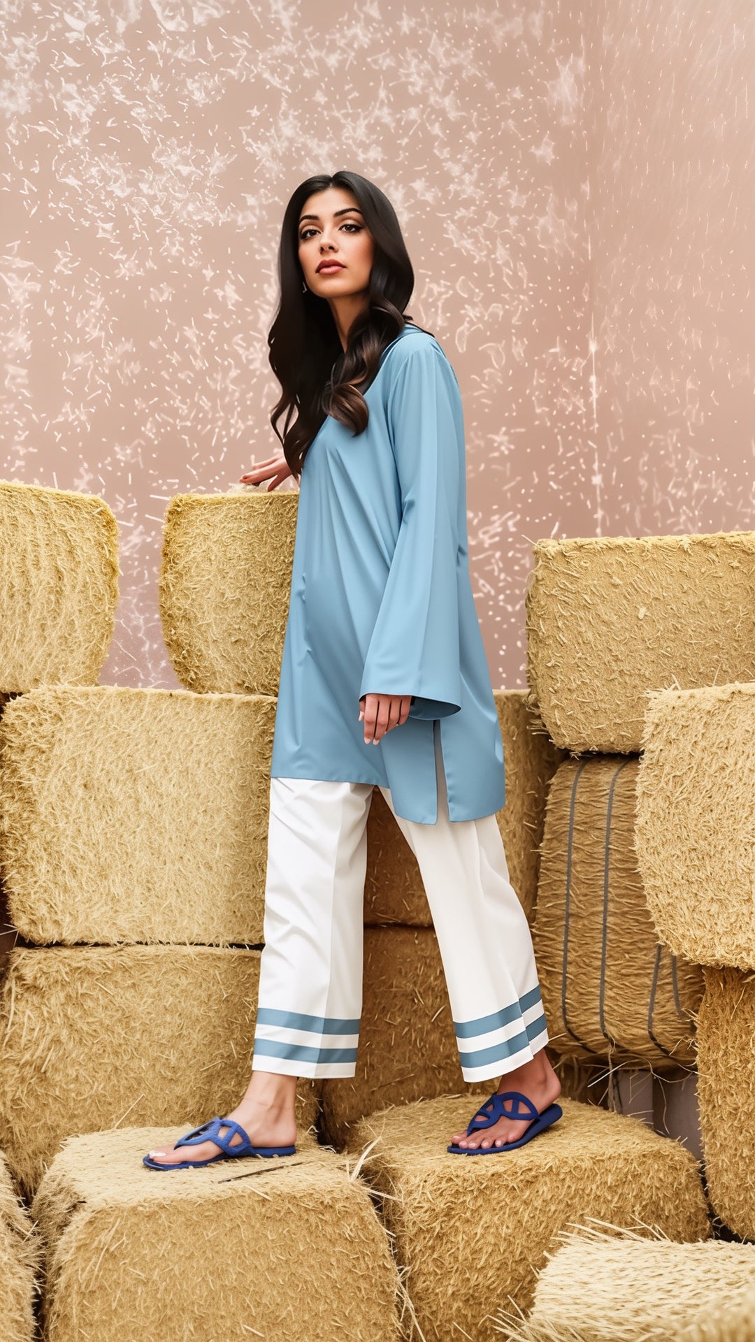 Women's Blue Silk Plain Tunic Set