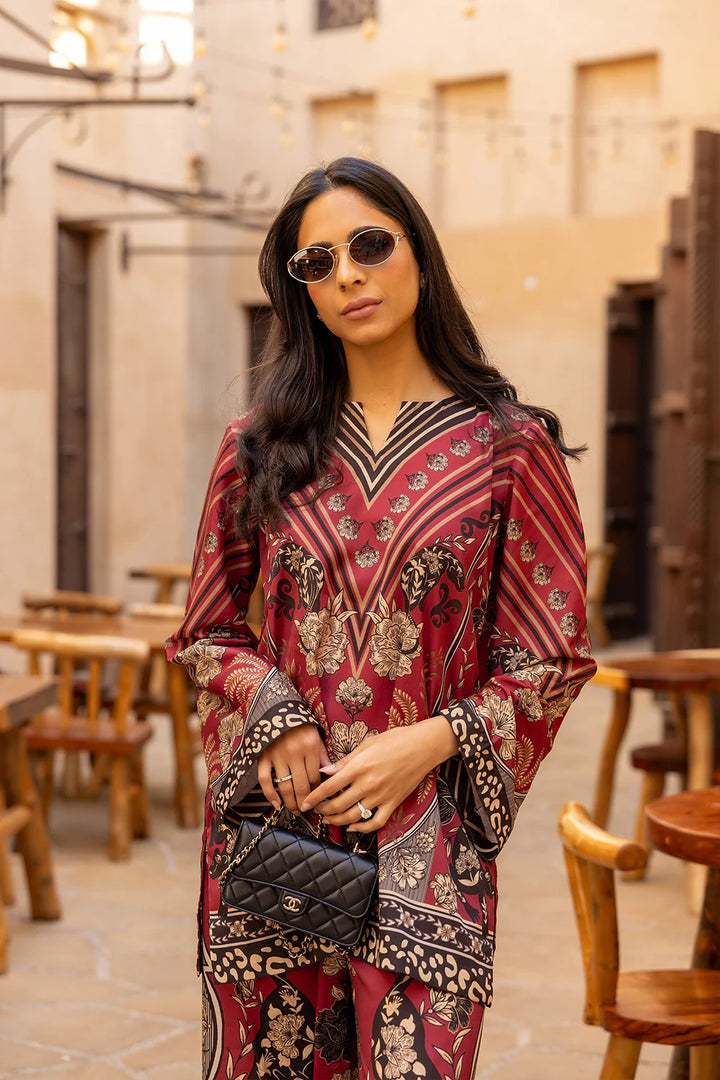 Women's Maroon Median Silk Crepe Printed Co-Ord Sets