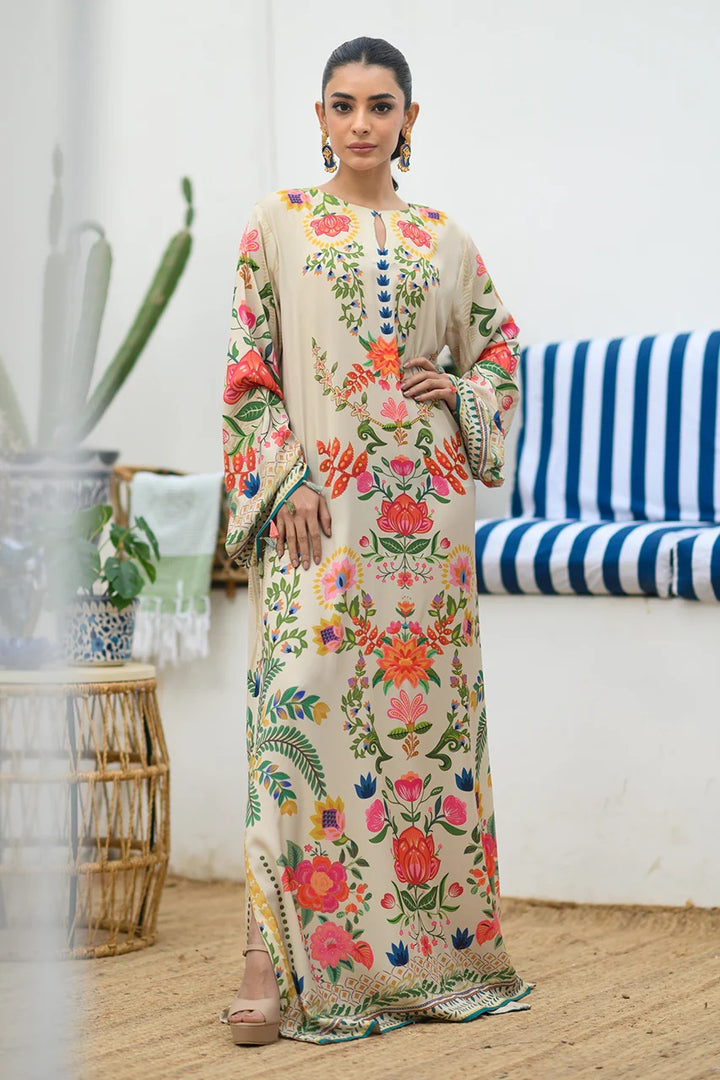 Women's Cream Premium Soft Crepe Floral Print Kaftan