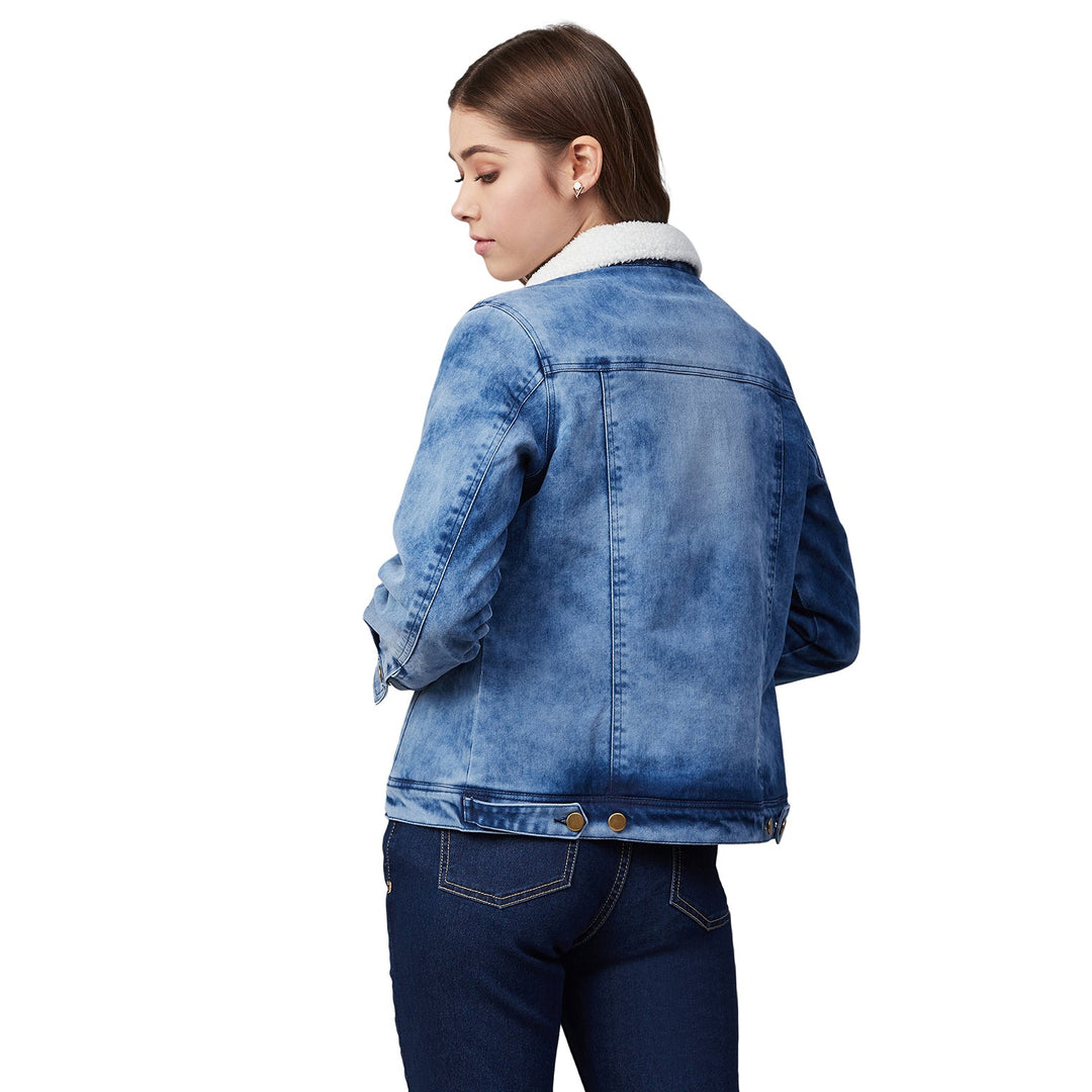 Women's Denim Jacket with Soft Warm Faux Fur Lining inside & Washed Pocket effect - StyleStone