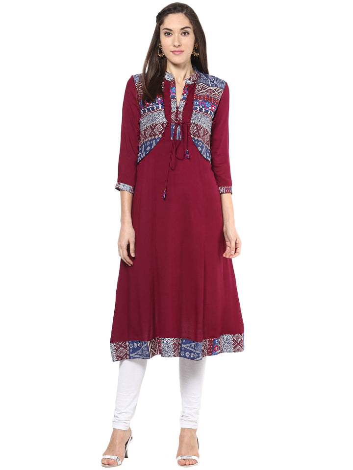 Women's Red And Navy Blue Jacket Style Anarkali Kurti - Stylestone