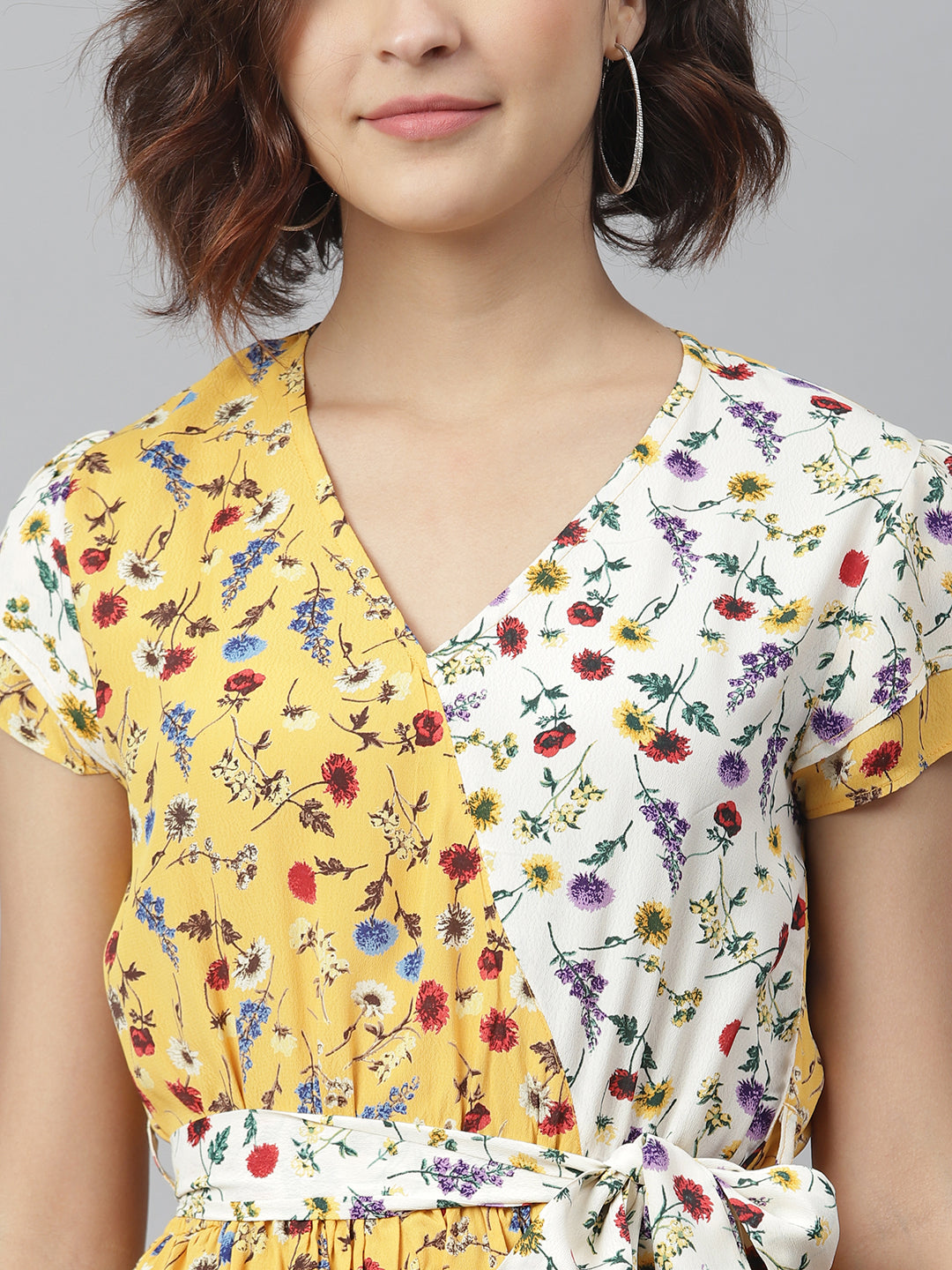 Women's Yellow & White Printed Wrap Dress with Contrast panel - StyleStone