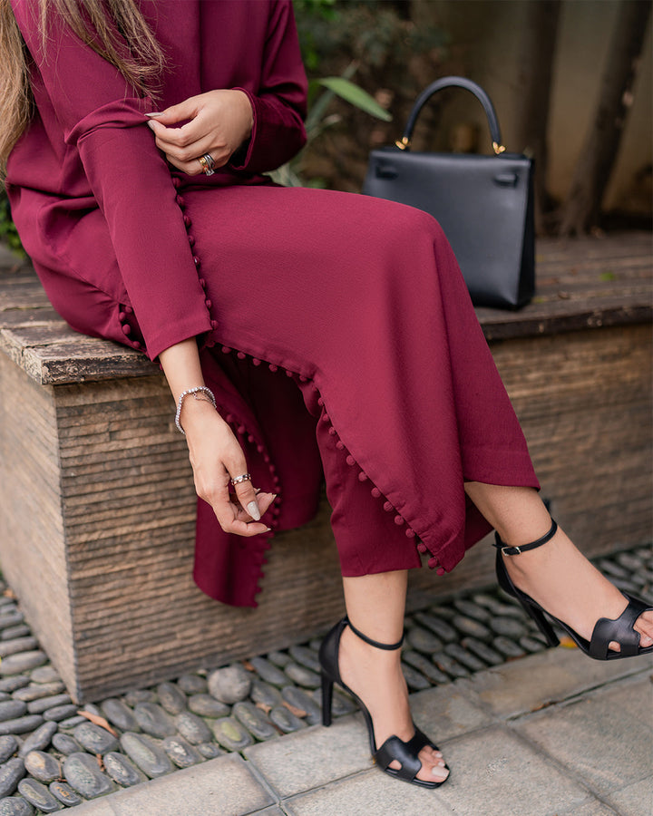 Women's Maroon Berry Crepe (Wrinkle Resistant) Plain Kurta Set