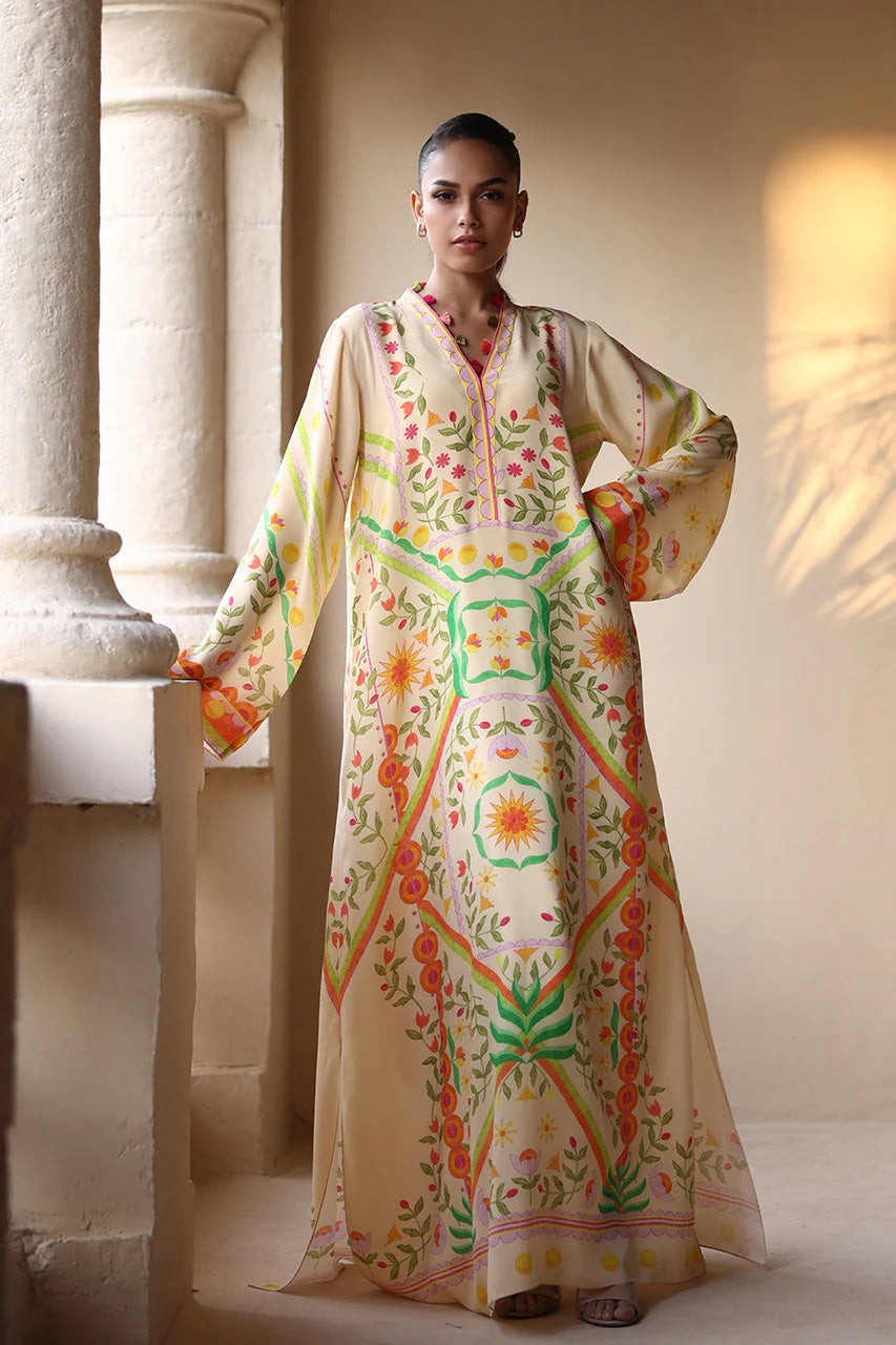 Women's Cream Soft Crepe - Resham Tassel Printed Kaftans