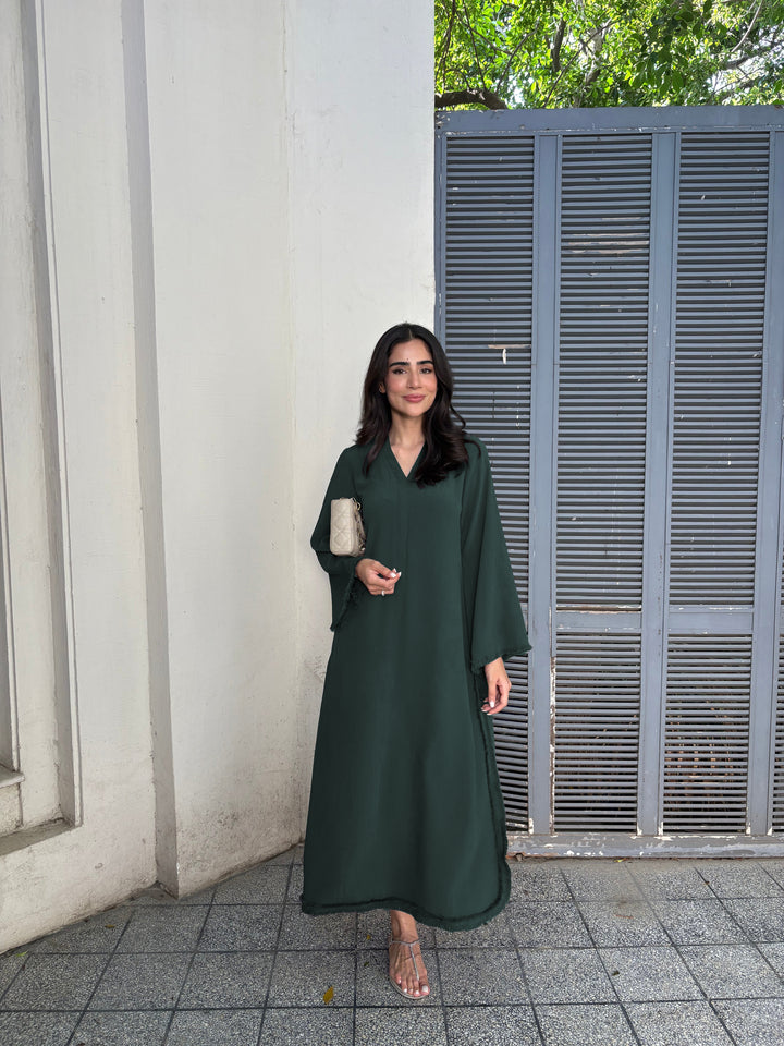 Women's Dark Green Wrinkle Free Premium Crush Crepe Fringe Detailing Co-Ord Set