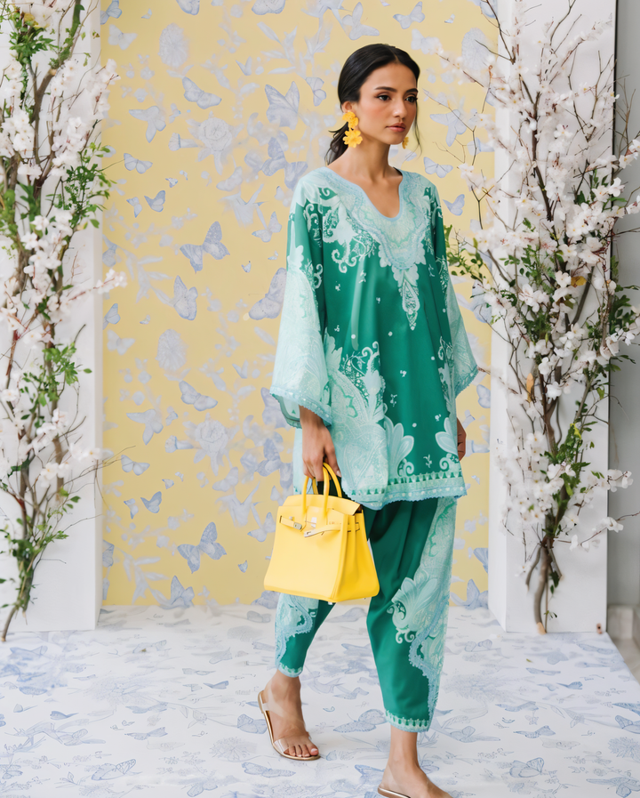 Women's Sea Green Crepe Lace Work Co-Ord Set