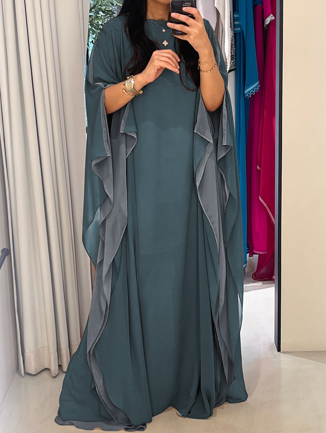 Women's Marine 2 Layer Georgette Chiffon Drapped Sleeves Kaftan