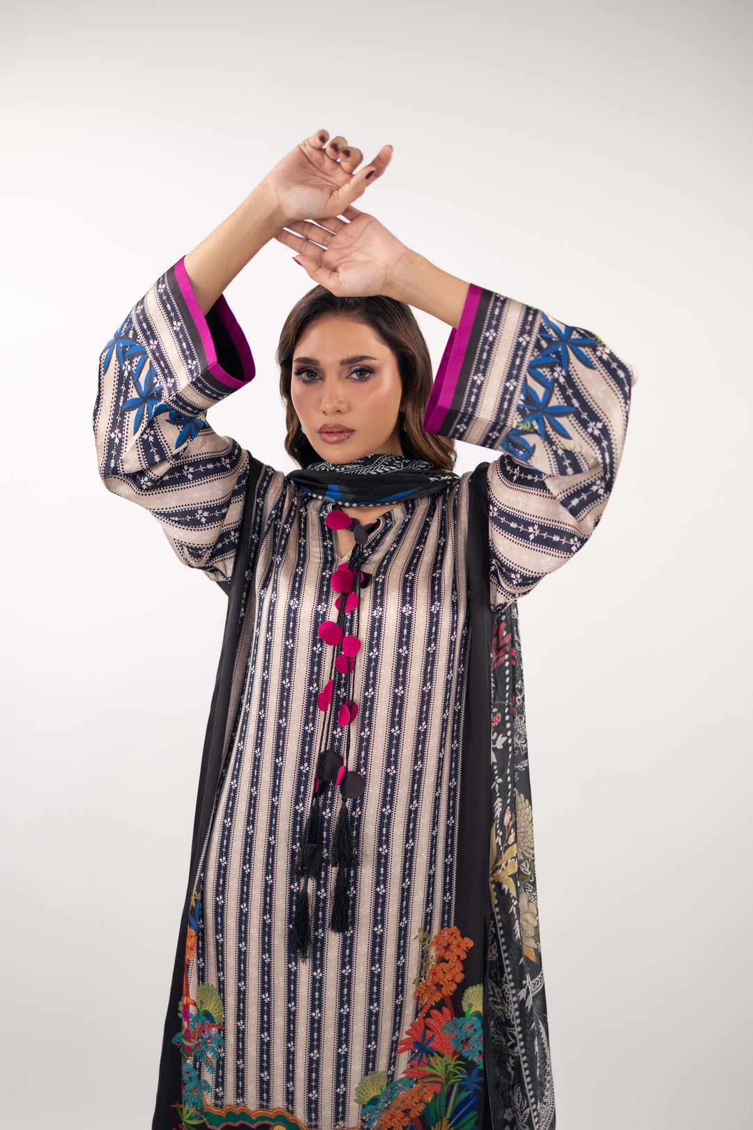 Women's White Monochrome Striped Kurti with Vibrant Floral Hem and Tassel Detail