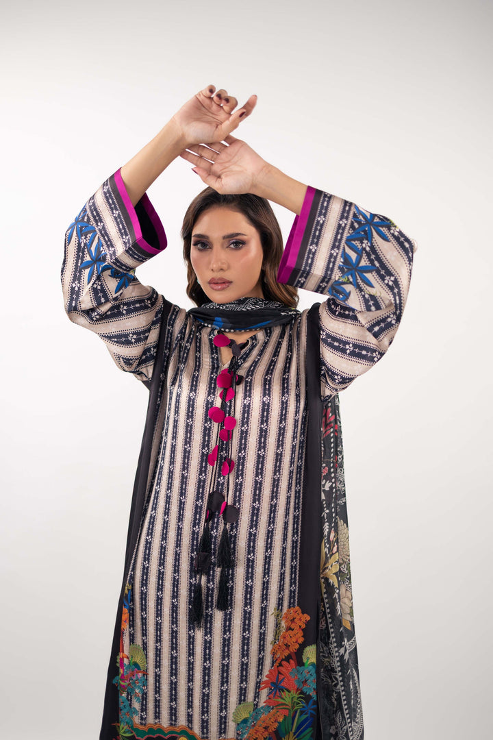 Women's White Monochrome Striped Kurti with Vibrant Floral Hem and Tassel Detail