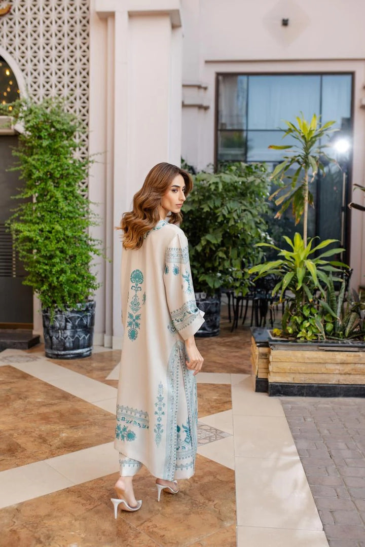 Women's Cream Cotton Satin Blend Floral Print Kaftan Set