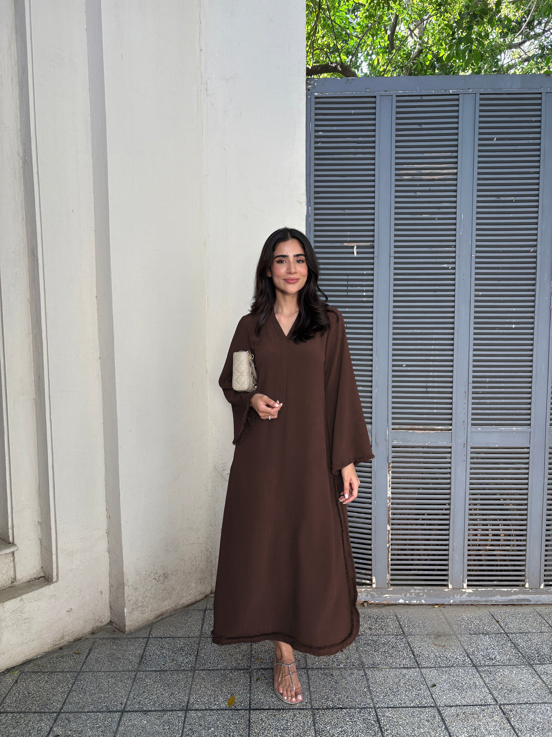 Women's Brown Wrinkle Free Premium Crush Crepe Fringe Detailing Co-Ord Set