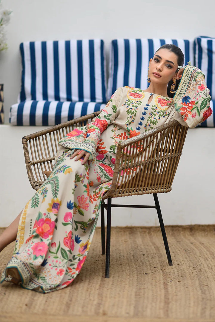 Women's Cream Premium Soft Crepe Floral Print Kaftan