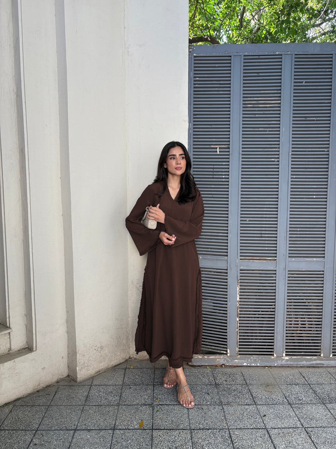 Women's Brown Wrinkle Free Premium Crush Crepe Fringe Detailing Co-Ord Set