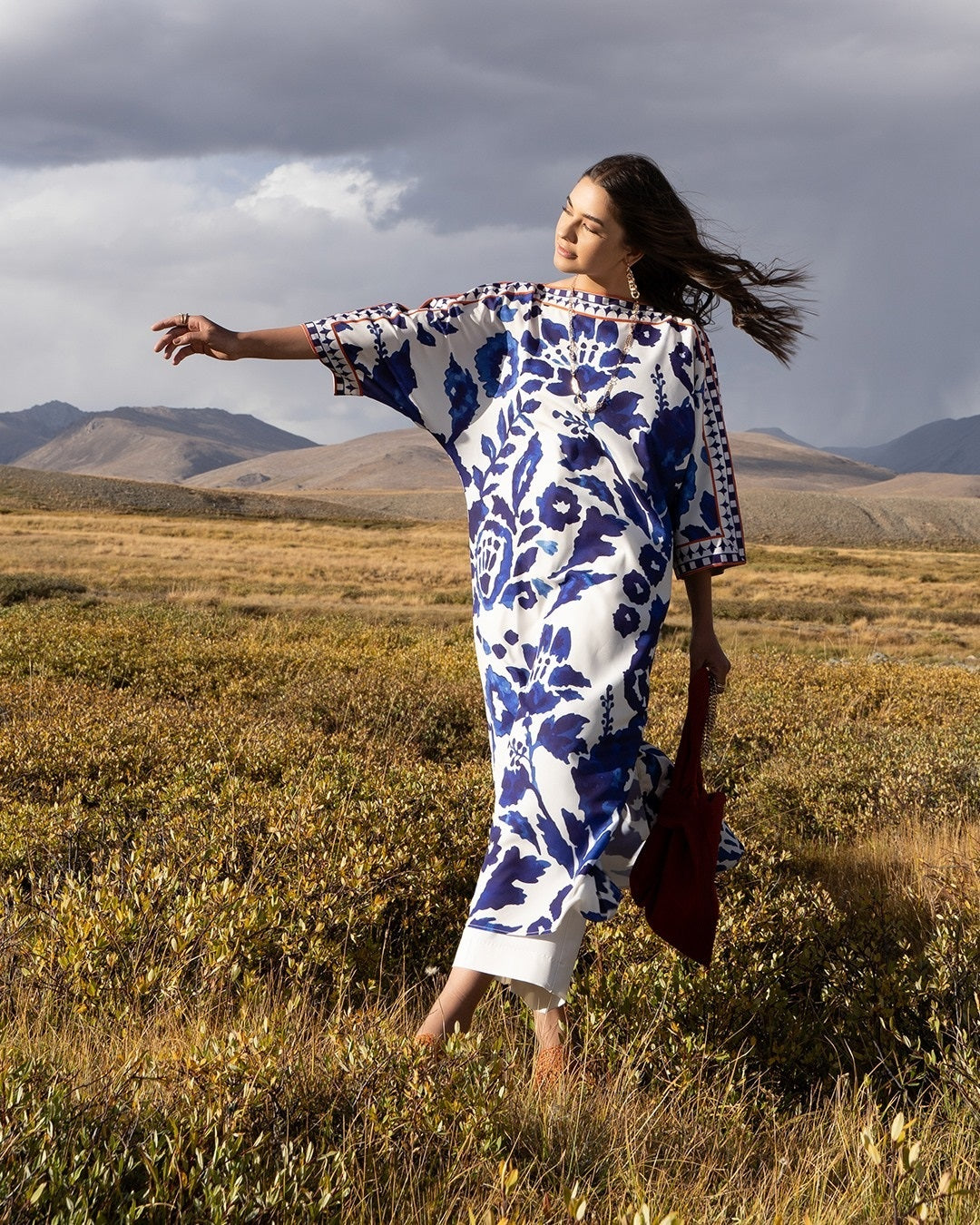 Women's White Premium Matty Floral Print Kaftan Set