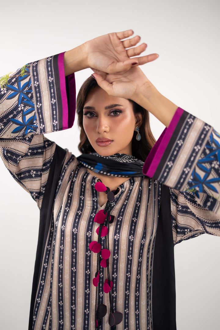 Women's White Monochrome Striped Kurti with Vibrant Floral Hem and Tassel Detail