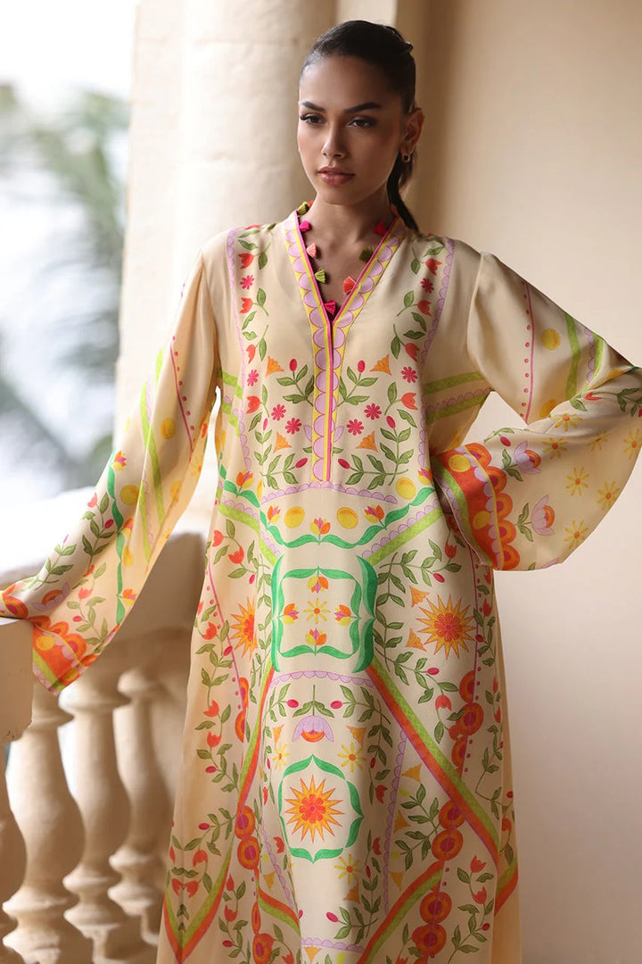 Women's Cream Soft Crepe - Resham Tassel Printed Kaftans