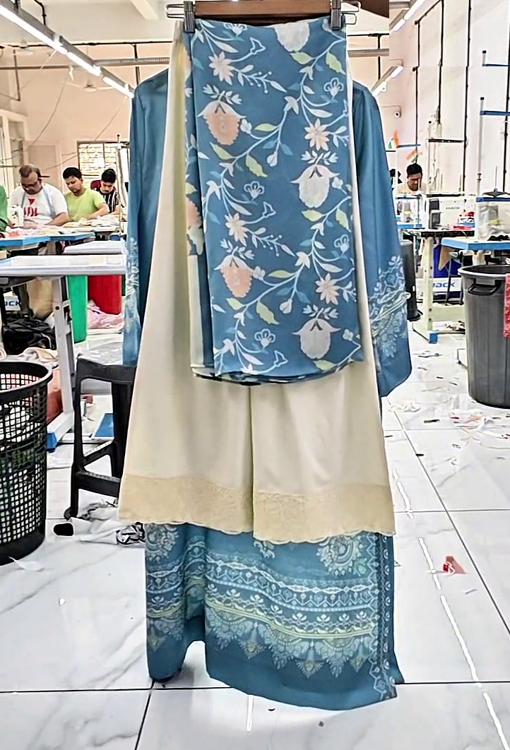 Women's Turquoise Cotton Satin Blend
Mint Silk Scarf Floral Print Kaftan Set