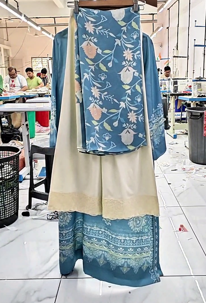 Women's Turquoise Cotton Satin Blend
Mint Silk Scarf Floral Print Kaftan Set