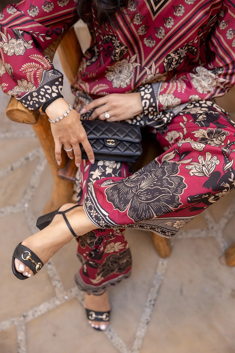 Women's Maroon Median Silk Crepe Printed Co-Ord Sets