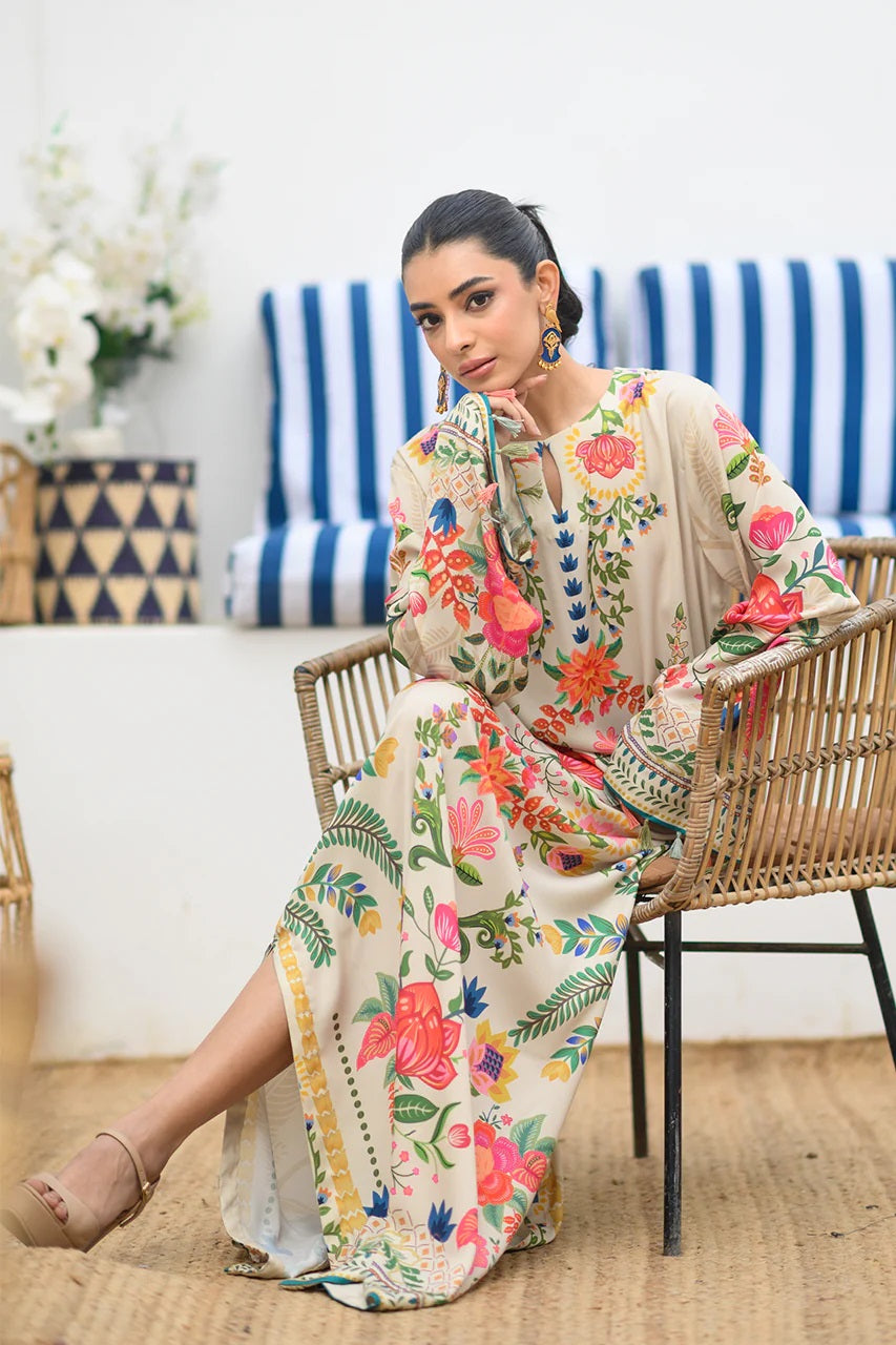 Women's Cream Premium Soft Crepe Floral Print Kaftan