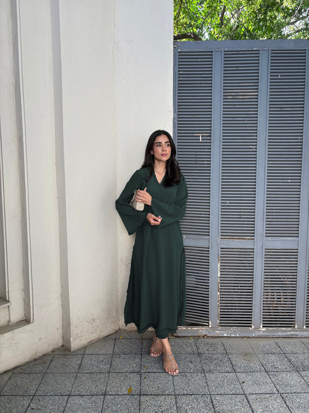 Women's Dark Green Wrinkle Free Premium Crush Crepe Fringe Detailing Co-Ord Set