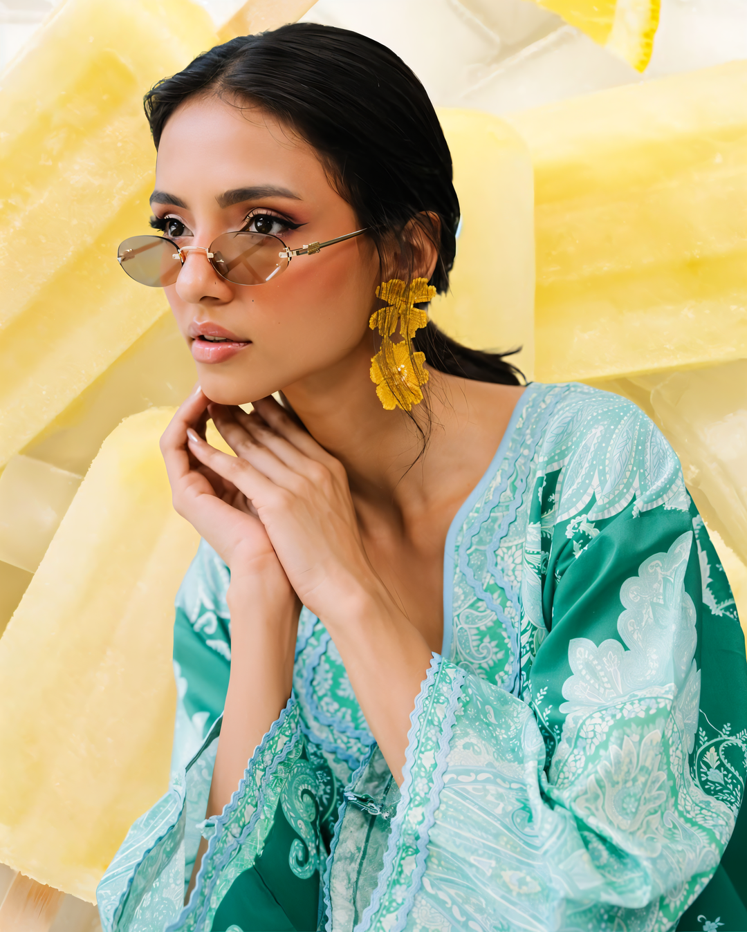 Women's Sea Green Crepe Lace Work Co-Ord Set