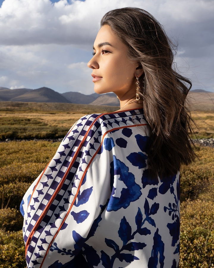 Women's White Premium Matty Floral Print Kaftan Set