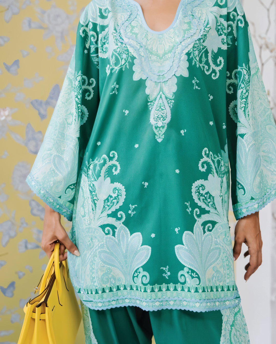 Women's Sea Green Crepe Lace Work Co-Ord Set