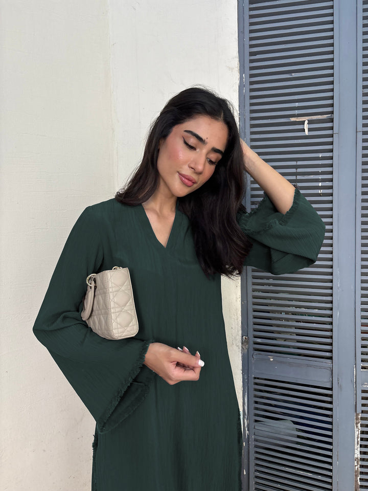 Women's Dark Green Wrinkle Free Premium Crush Crepe Fringe Detailing Co-Ord Set