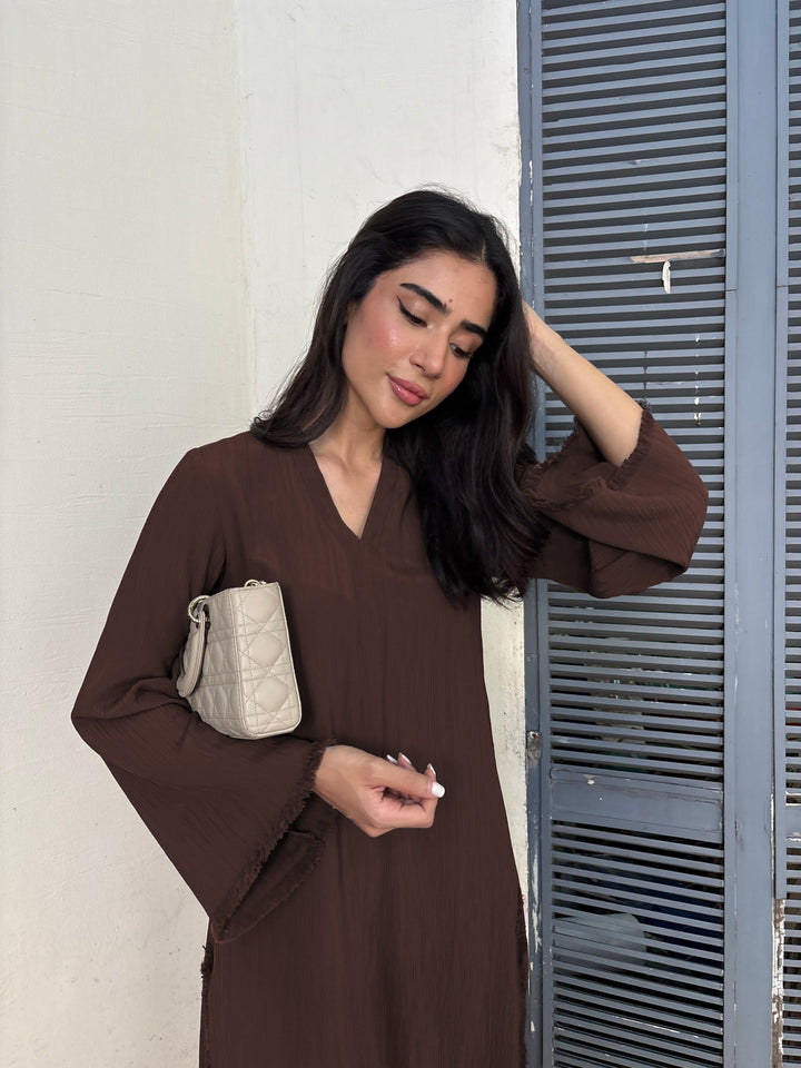 Women's Brown Wrinkle Free Premium Crush Crepe Fringe Detailing Co-Ord Set