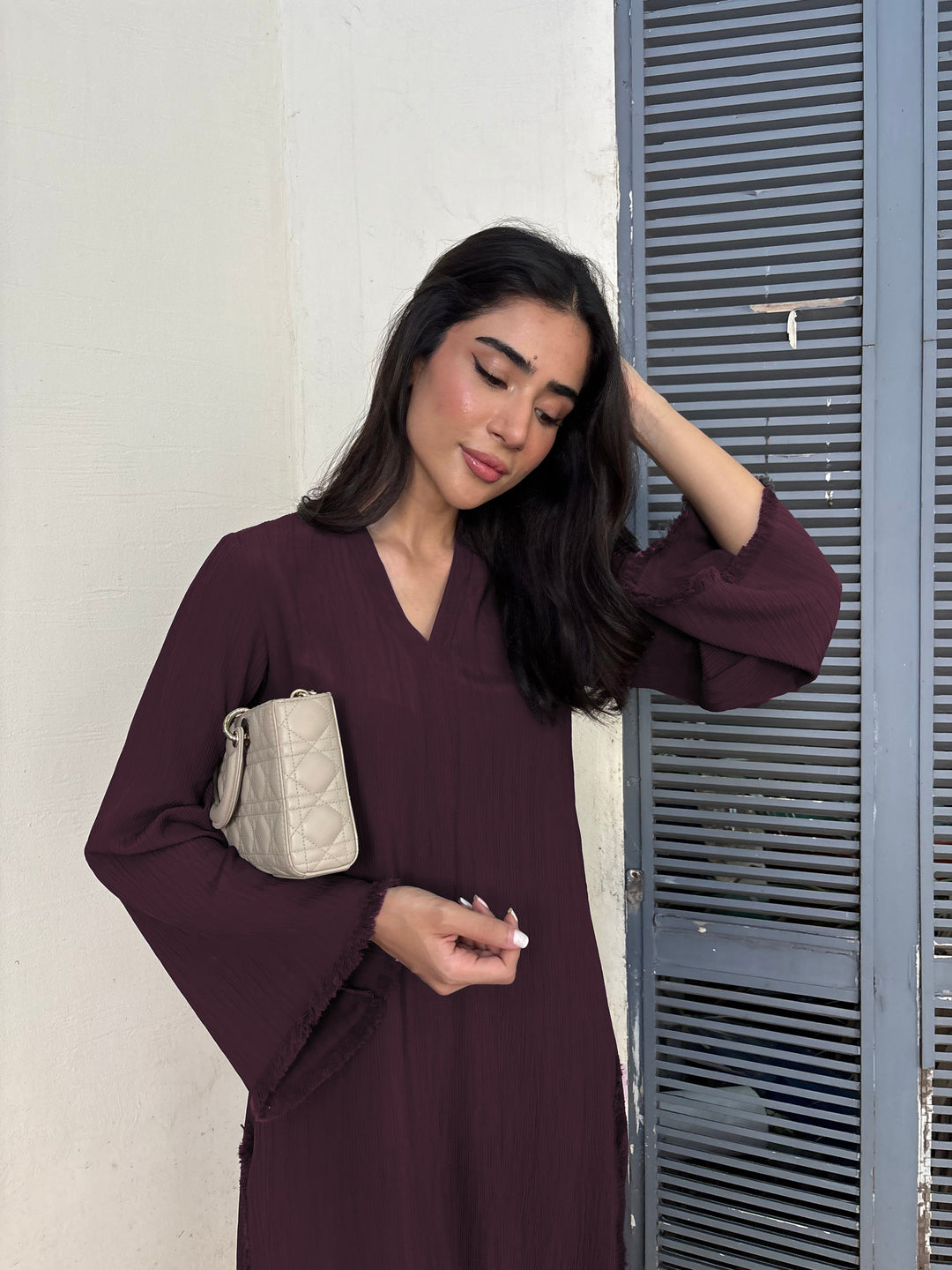 Women's Burgundy Wrinkle Free Premium Crush Crepe Fringe Detailing Co-Ord Set