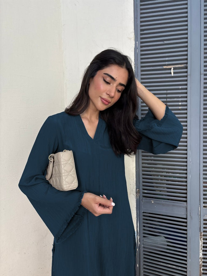Women's Denim Blue Wrinkle Free Premium Crush Crepe Fringe Detailing Co-Ord Set