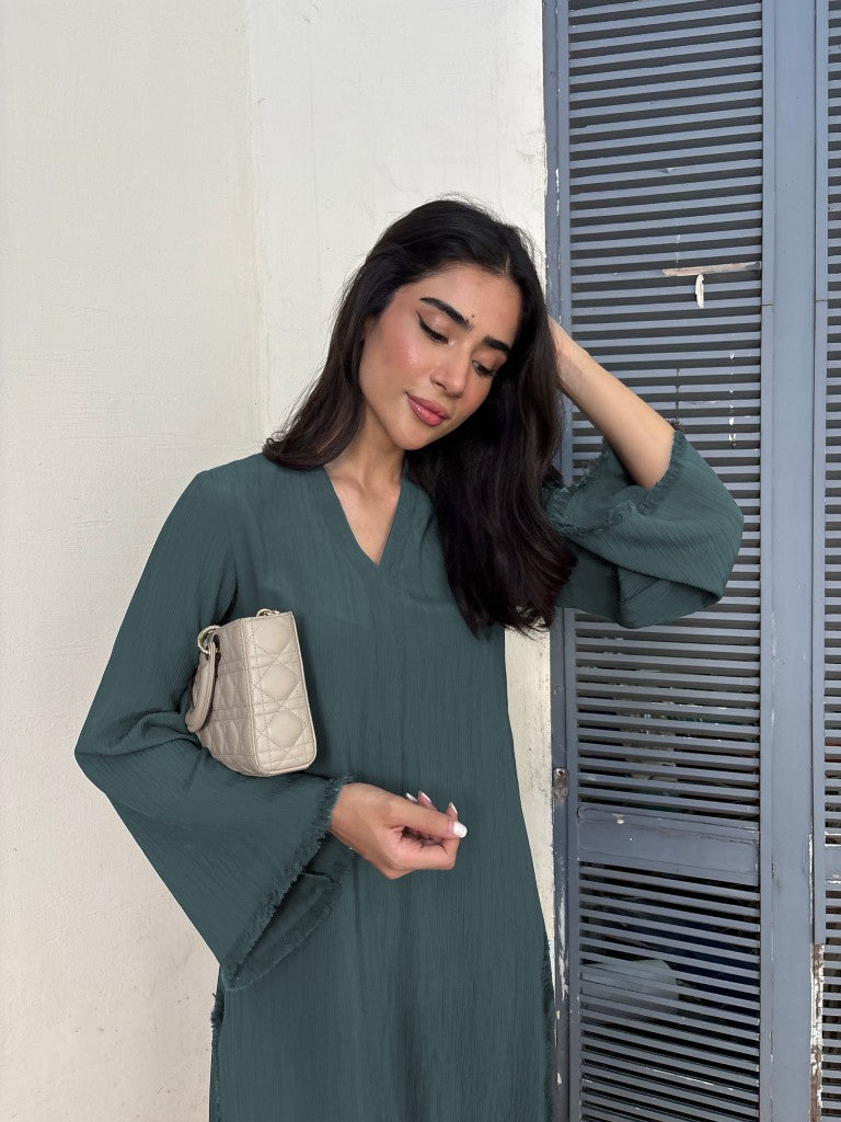 Women's Teal Wrinkle Free Premium Crush Crepe Fringe Detailing Co-Ord Set