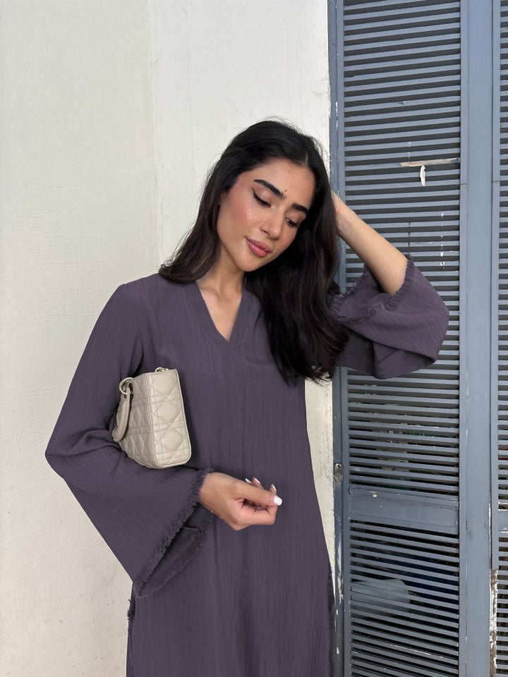 Women's Muave Wrinkle Free Premium Crush Crepe Fringe Detailing Co-Ord Set