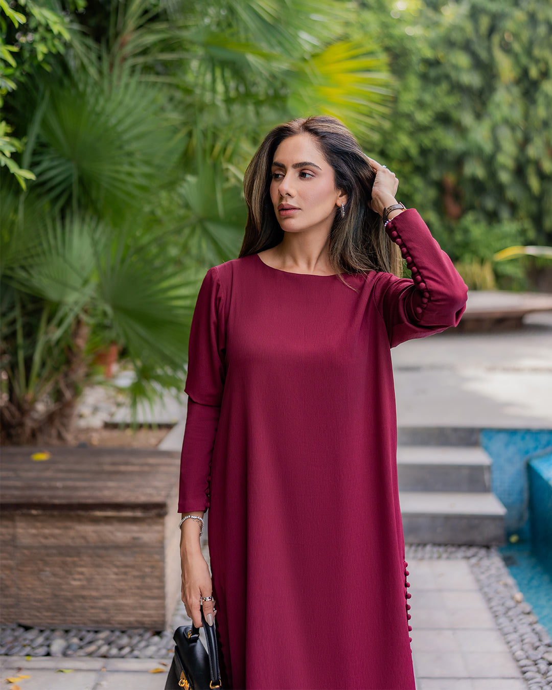 Women's Maroon Berry Crepe (Wrinkle Resistant) Plain Kurta Set