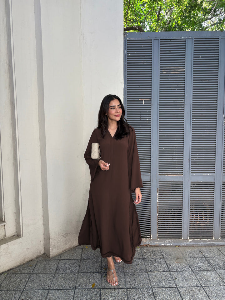 Women's Brown Wrinkle Free Premium Crush Crepe Fringe Detailing Co-Ord Set