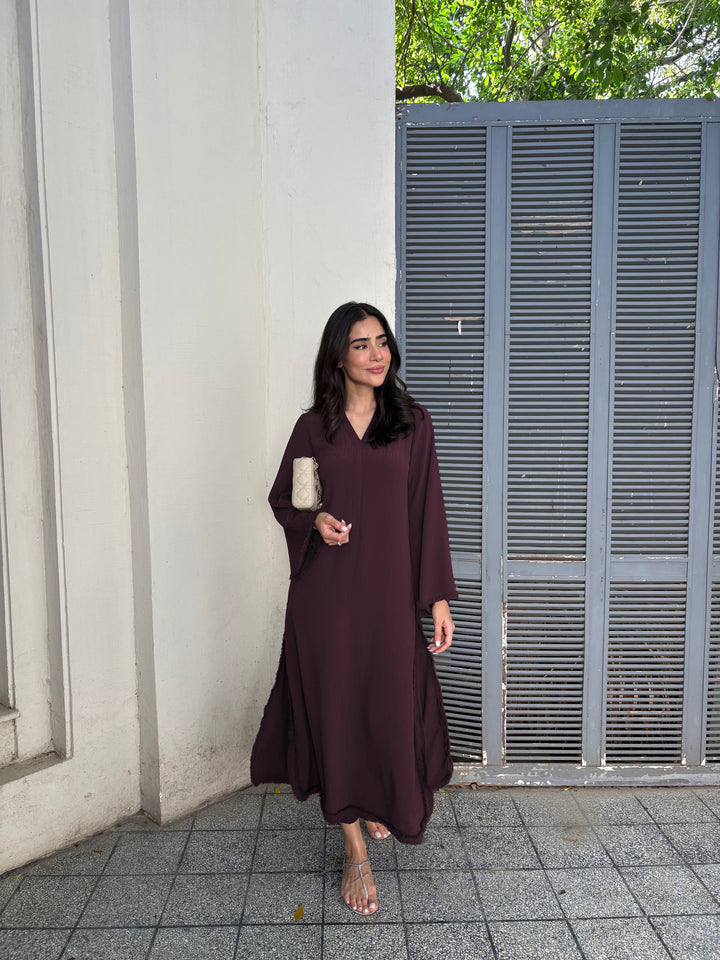 Women's Burgundy Wrinkle Free Premium Crush Crepe Fringe Detailing Co-Ord Set