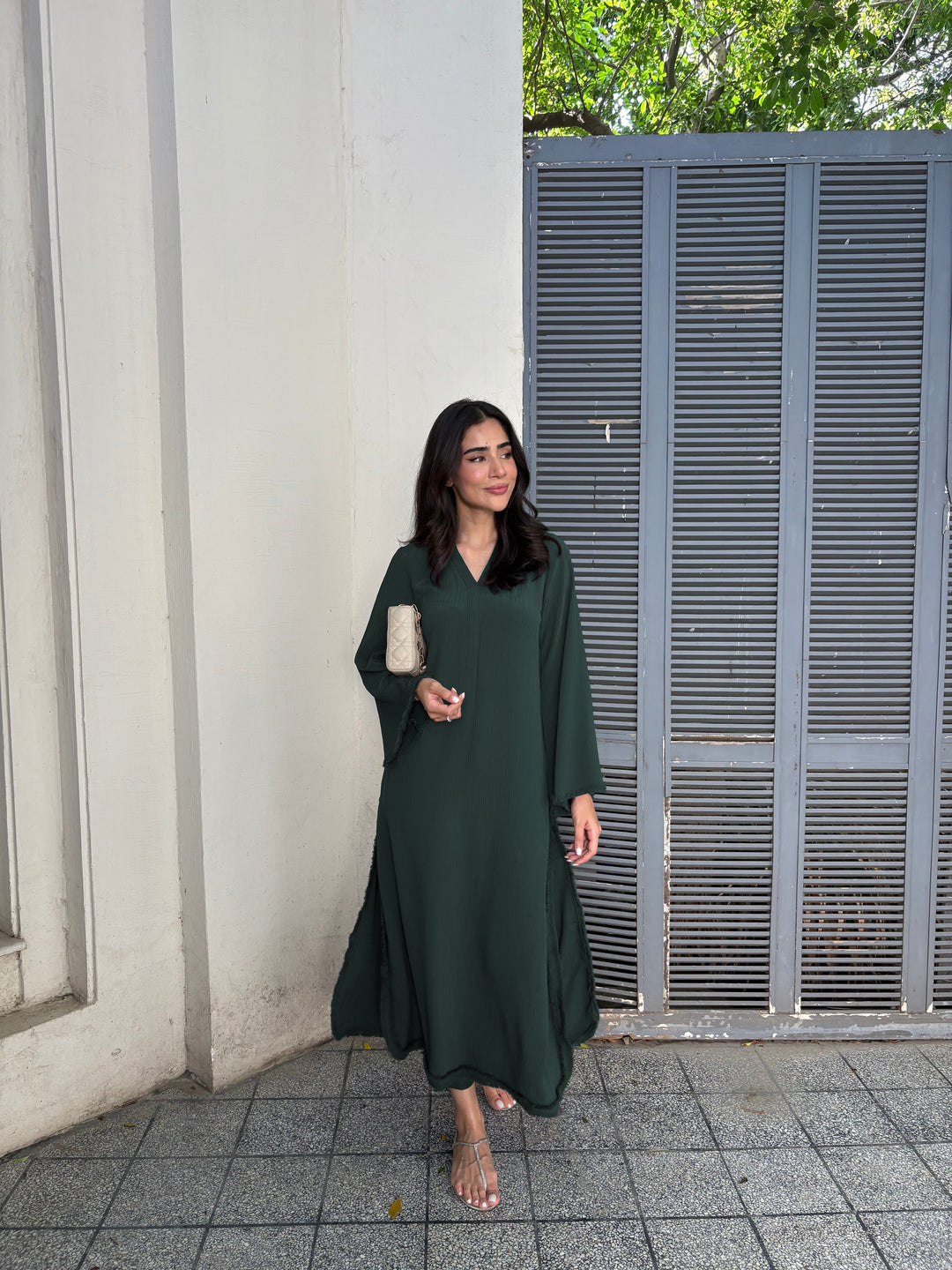 Women's Dark Green Wrinkle Free Premium Crush Crepe Fringe Detailing Co-Ord Set