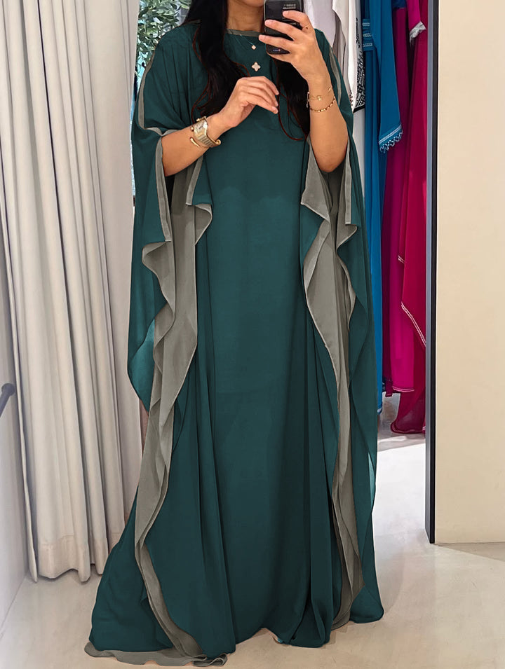 Women's Green 2 Layer Georgette Chiffon Drapped Sleeves Kaftan