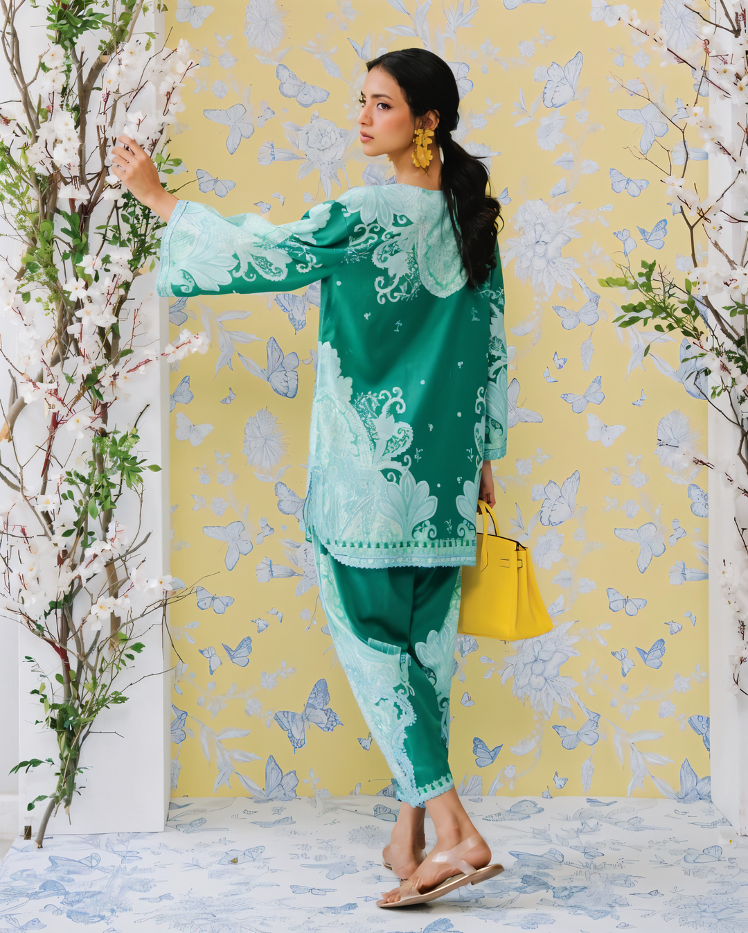 Women's Sea Green Crepe Lace Work Co-Ord Set