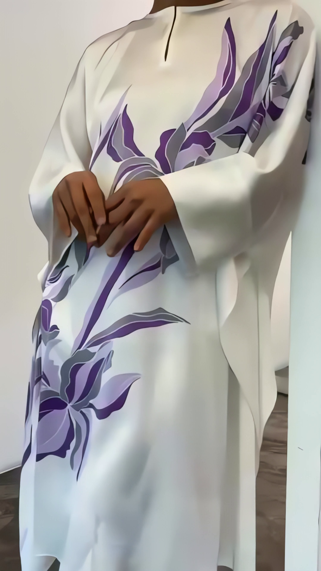 Women's White Satin Silk Floral Print Kaftan Set