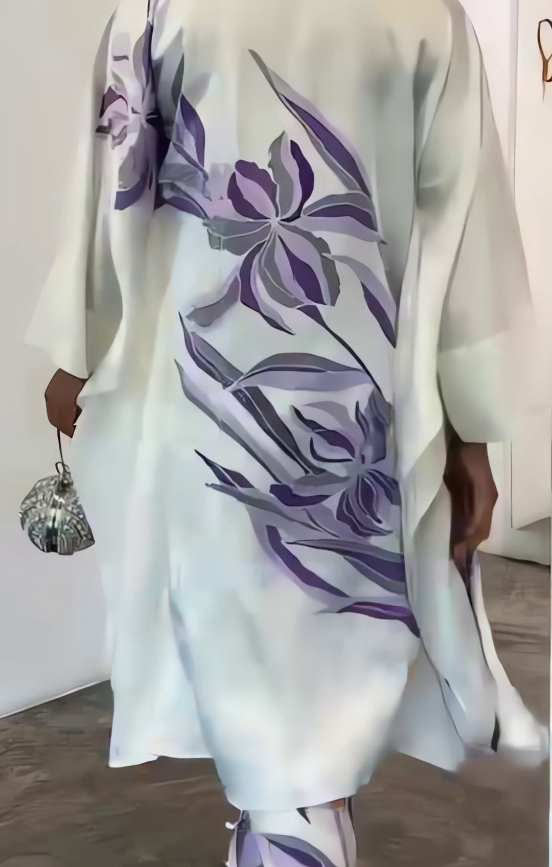 Women's White Satin Silk Floral Print Kaftan Set